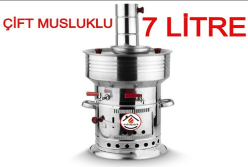 7 Litre Paslanmaz Metal Odunlu Kömürlü Çay Semaveri Büyük Çift Musluklu Odunlu Kömürlü Semaver 7 Lt