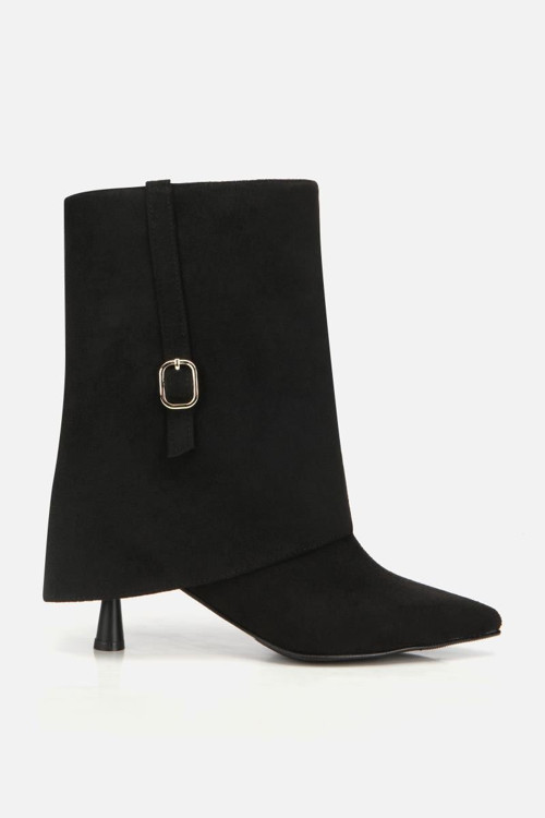 Kadın Süet Siyah Pantolon Görünümlü Tokalı Topuklu Bot