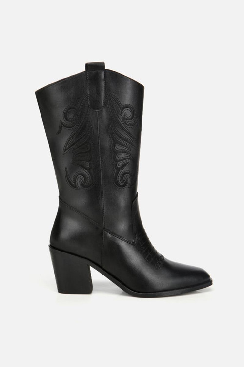 Kadın Siyah İşleme Detaylı Kovboy Western Topuklu Bot