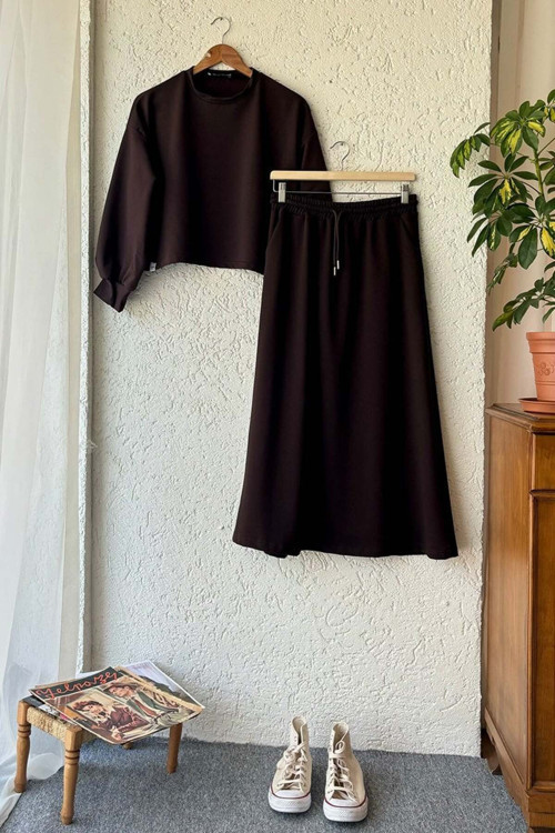 Çikolata 2 İplik Sweat Etek & Ahsen Crop Takım