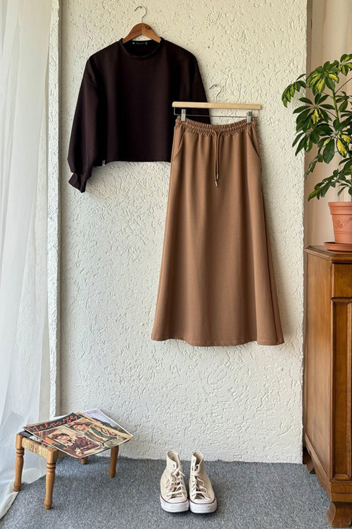 Karamel 2 İplik Sweat Etek & Çikolata Ahsen Crop Takım