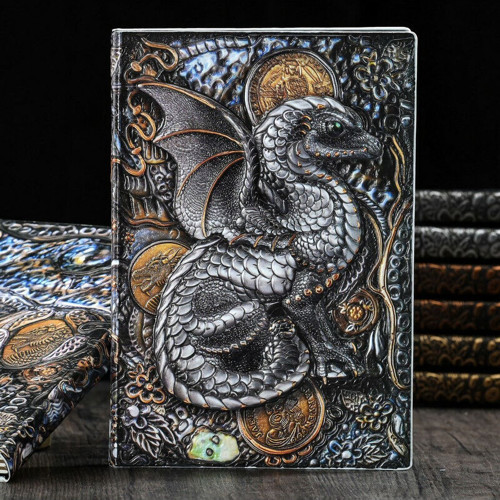 Hediyelik Beyaz Ejder Kabartmalı Deri Defter 3D