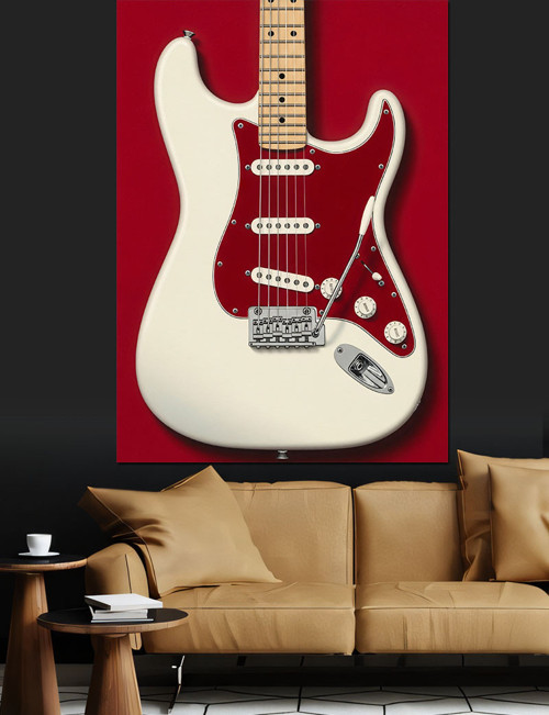 Beyaz Elektrik Gitar Çizimi Dekoratif Kanvas - Mdf Ahşap Tablo