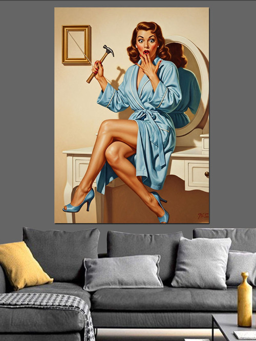 Mavi Bornozlu Seksi Kadın Dekoratif Kanvas - Mdf Ahşap Tablo