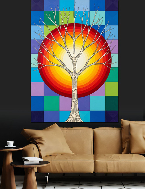 Hayat Ağacı Renkli Simgesi Dekoratif Kanvas - Mdf Ahşap Tablo