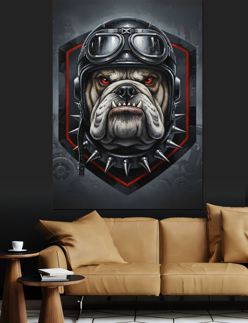 Kasklı Bulldog Motorcu Çizimi Dekoratif Kanvas - Mdf Ahşap Tablo