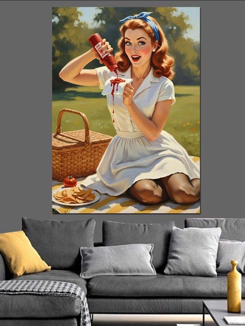 Piknik Yapan Pin-Up Kadın Dekoratif Kanvas - Mdf Ahşap Tablo