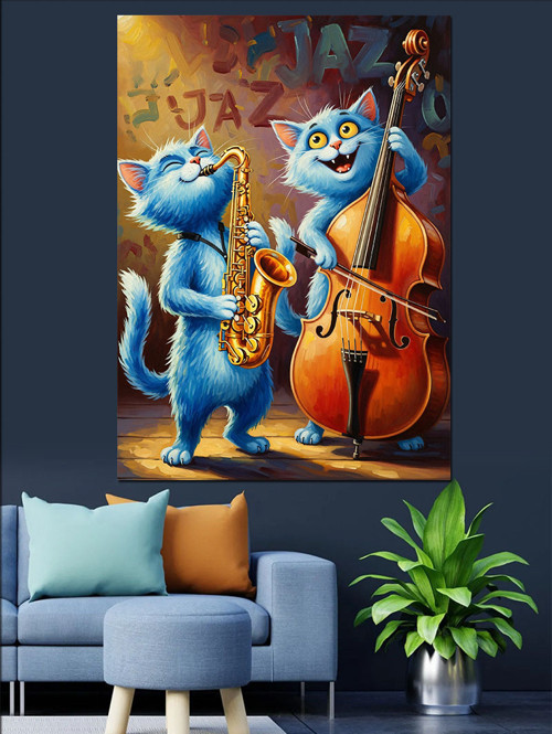 Kedi Ailesi Müzik Çalıyor Dekoratif Kanvas - Mdf Ahşap Tablo