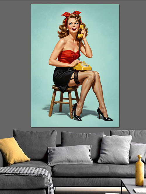 Seksi Pin-Up Kırmızı Elbise Dekoratif Kanvas - Mdf Ahşap Tablo