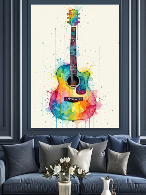 Sulu Boya Gitar Soyut Çizim Dekoratif Kanvas - Mdf Ahşap Tablo