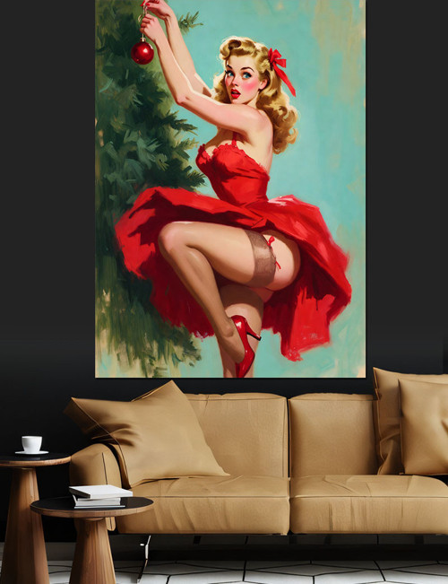 Kırmızı Elbiseli Pin-Up Kız Dekoratif Kanvas - Mdf Ahşap Tablo