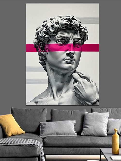 David Heykeli Pembe Çizgi Dekoratif Kanvas - Mdf Ahşap Tablo