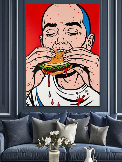 Pop Art Hamburger Yiyor Dekoratif Kanvas - Mdf Ahşap Tablo