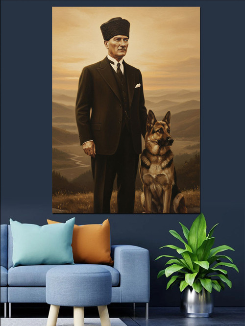 Mustafa Kemal Atatürk Ve Köpek Dekoratif Kanvas - Mdf Ahşap Tablo