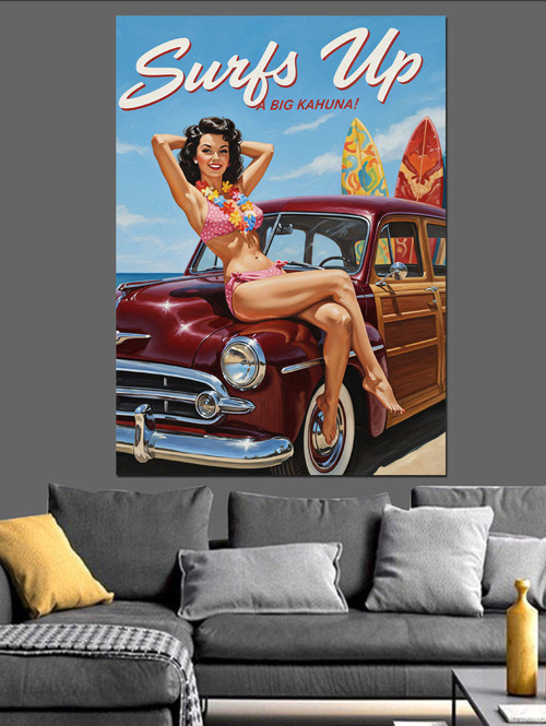 Pin-Up Kız Kırmızı Araba Dekoratif Kanvas - Mdf Ahşap Tablo