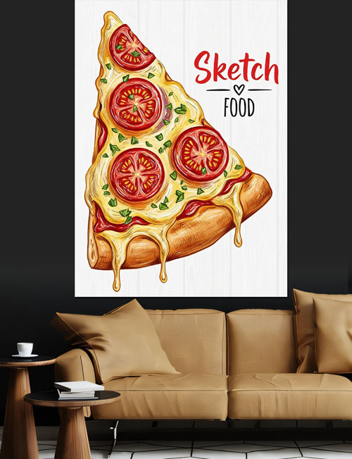 Dilimli Pizza Eskiz Resmi Dekoratif Kanvas - Mdf Ahşap Tablo
