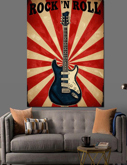 Kırmızı Beyaz Retro Fonlu Roc'N Roll Gitarı Dekoratif Kanvas - Mdf Ahşap Tablo