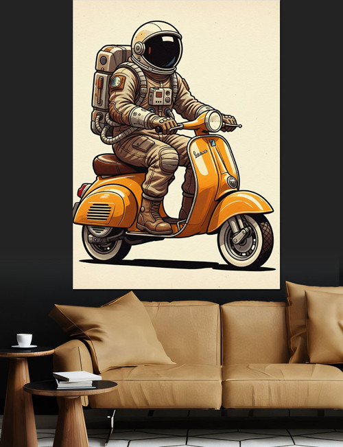 Astronot Scooter Süren Gezgin Astronot Dekoratif Kanvas - Mdf Ahşap Tablo