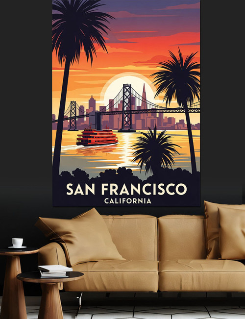 Gün Batımı Golden Gate Ve Palmiye Görselli San Francisco Afişi Dekoratif Kanvas - Mdf Ahşap Tablo