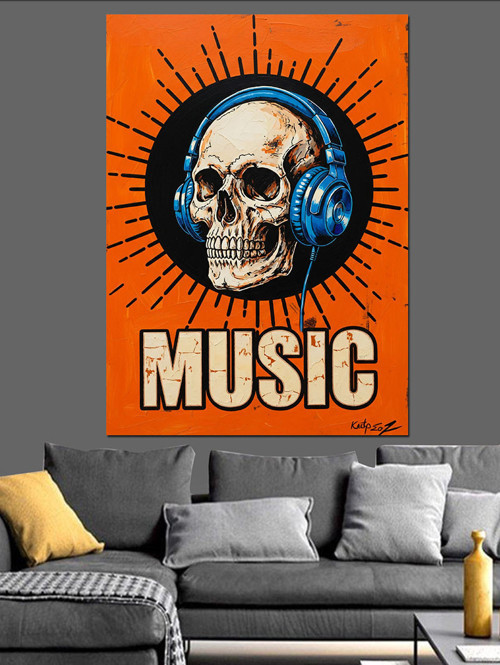Kulaklıklı Kafatası Görselli Müzik Posteri Dekoratif Kanvas - Mdf Ahşap Tablo