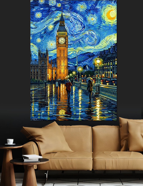 Londra Big Ben Yıldızlı Gece Dekoratif Kanvas - Mdf Ahşap Tablo