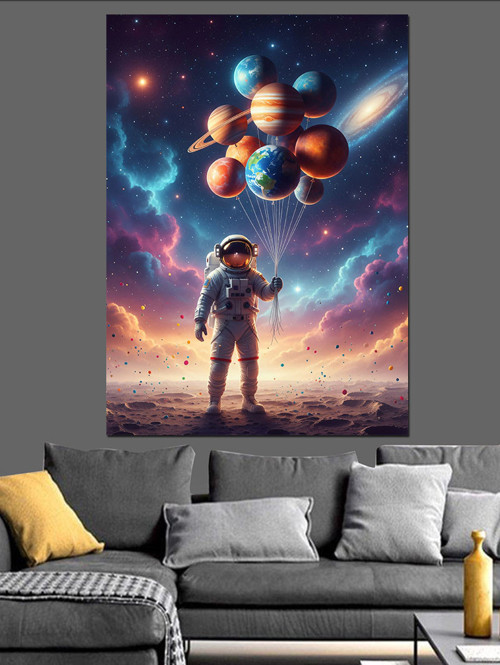 Gezegen Balonları Tutan Astronot Dekoratif Kanvas - Mdf Ahşap Tablo