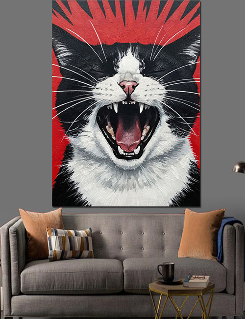 Bağıran Siyah Beyaz Kedi Posteri Dekoratif Kanvas - Mdf Ahşap Tablo
