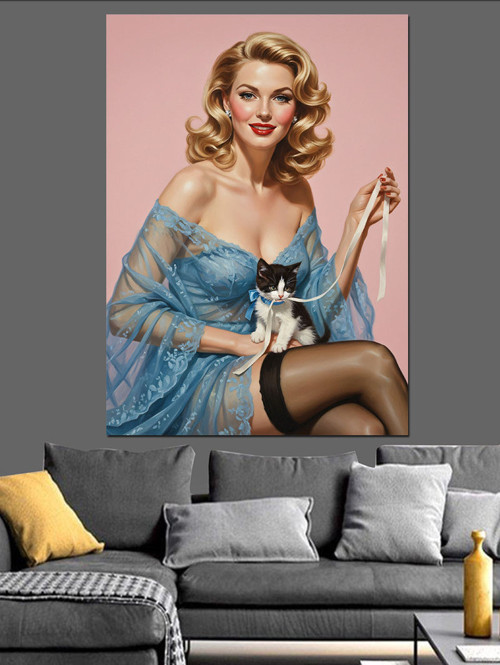 Pin up kızı mavi elbise Dekoratif Kanvas - Mdf Ahşap Tablo