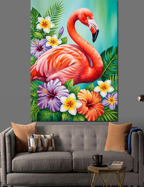 Flamingo Kuşu Çiçek Çelenk Dekoratif Kanvas - Mdf Ahşap Tablo