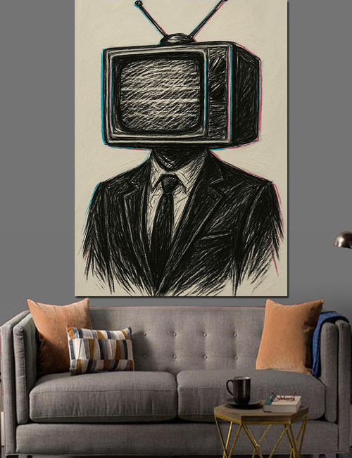 Televizyon Kafalı Adam Figürü Dekoratif Kanvas - Mdf Ahşap Tablo