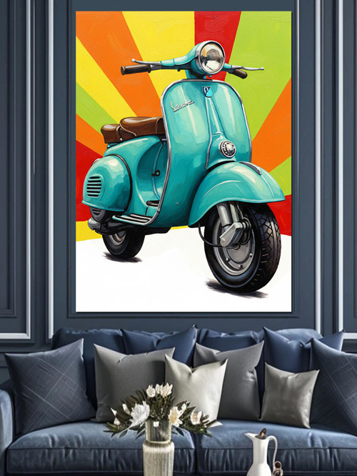 Mavi Scooter Retro Motosiklet Dekoratif Kanvas - Mdf Ahşap Tablo