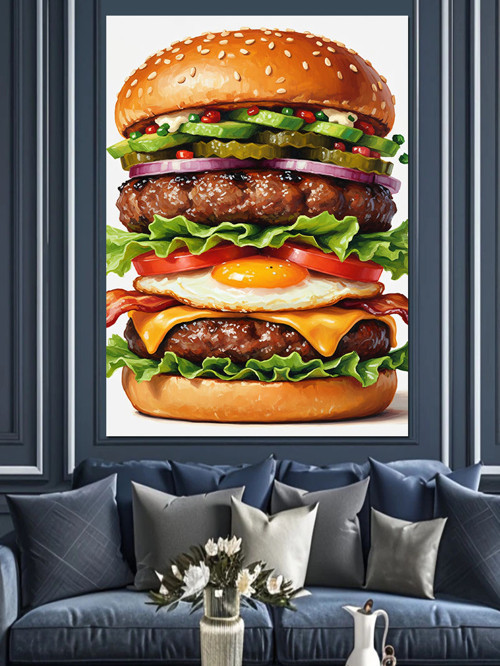 Lezzetli Çift Katlı Hamburger Yiyecek Dekoratif Kanvas - Mdf Ahşap Tablo