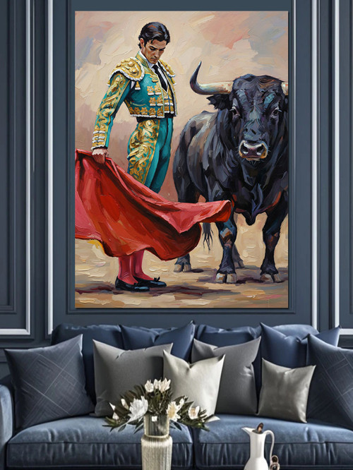 Matador Ve Boğa Çizimi Dekoratif Kanvas - Mdf Ahşap Tablo
