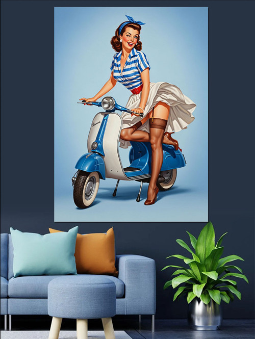 Pin-Up Kız Scooter Retro Dekoratif Kanvas - Mdf Ahşap Tablo