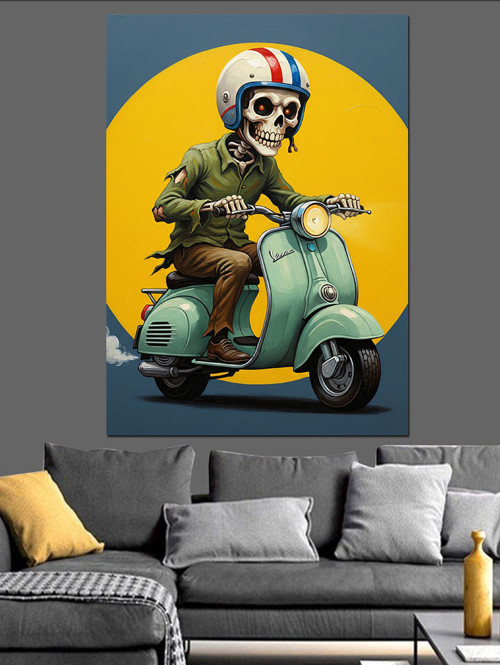 Motosikletli Adam Scooter Retro Dekoratif Kanvas - Mdf Ahşap Tablo