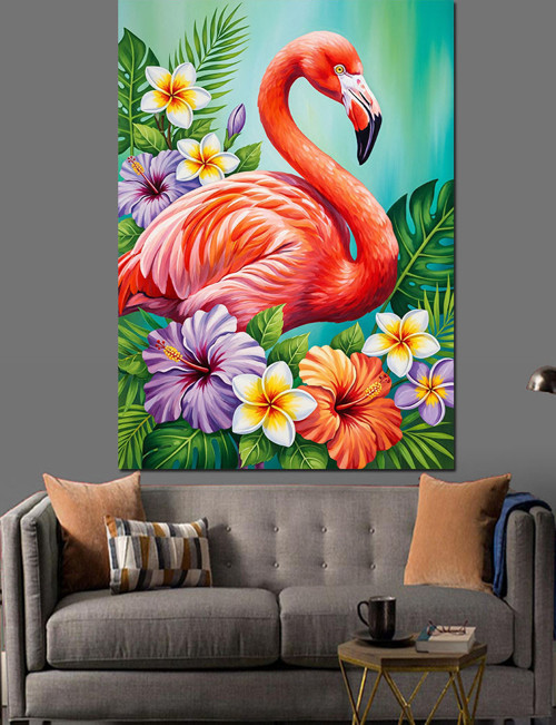 Flamingo Kuşu Çiçek Çelenk Dekoratif Kanvas - Mdf Ahşap Tablo
