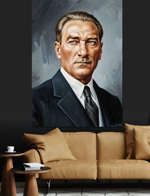 Atatürk Siyah Beyaz Portre Dekoratif Kanvas - Mdf Ahşap Tablo