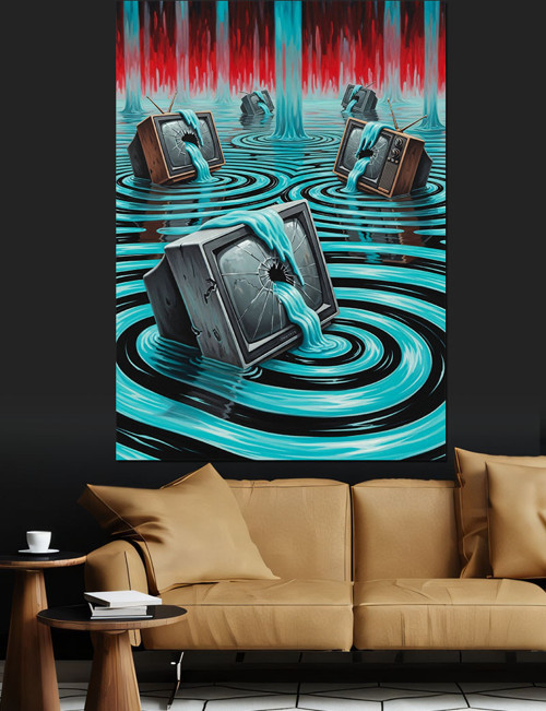 Eski Televizyonlar Ve Sular Dekoratif Kanvas - Mdf Ahşap Tablo