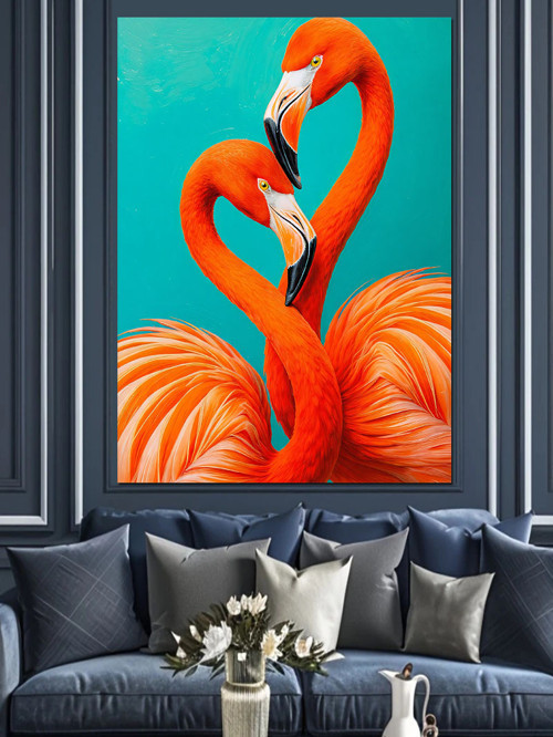 Kalp Şeklinde Flamingo Kuşları Dekoratif Kanvas - Mdf Ahşap Tablo