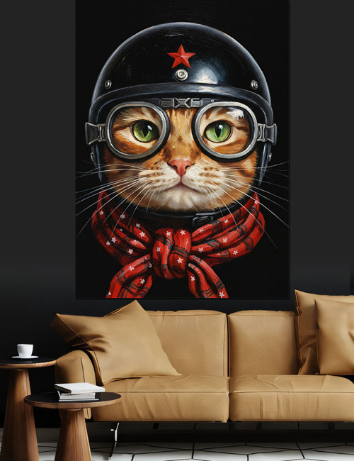 Kask Takan Kedi Pilot Dekoratif Kanvas - Mdf Ahşap Tablo
