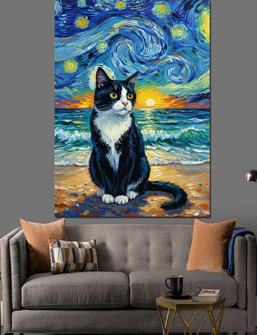 Van Gogh Tarzı Kedi Dekoratif Kanvas - Mdf Ahşap Tablo