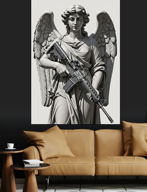 Silahlı Melek Heykeli Sanat Dekoratif Kanvas - Mdf Ahşap Tablo