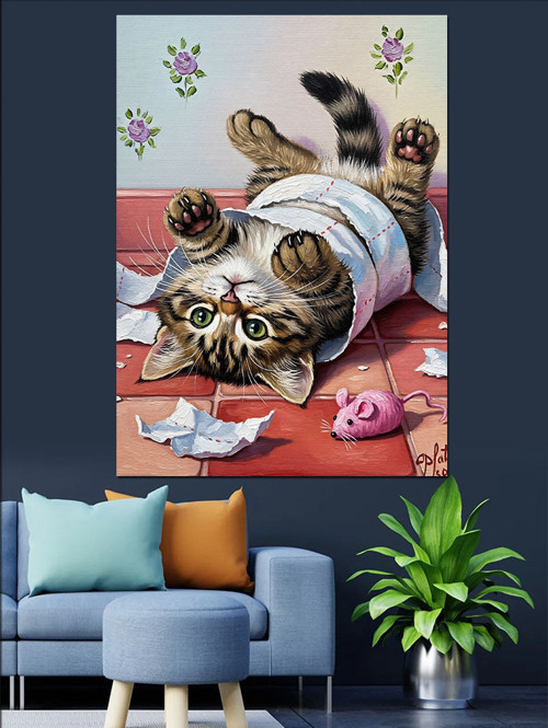 Havluya Sarılı Komik Kedi Dekoratif Kanvas - Mdf Ahşap Tablo