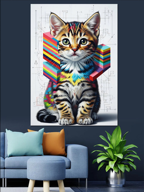 Kitaplardan Oluşan Kedi Resmi Dekoratif Kanvas - Mdf Ahşap Tablo