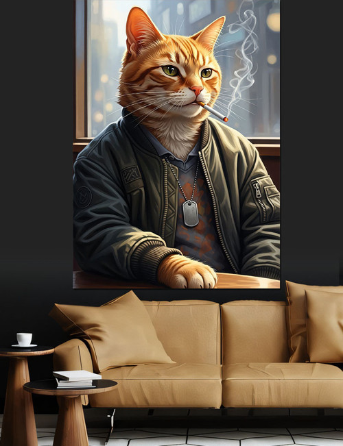 Sigara İçen Kedi Portresi Dekoratif Kanvas - Mdf Ahşap Tablo