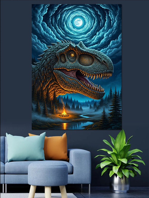 Ormanda T-Rex Dinozor Dekoratif Kanvas - Mdf Ahşap Tablo