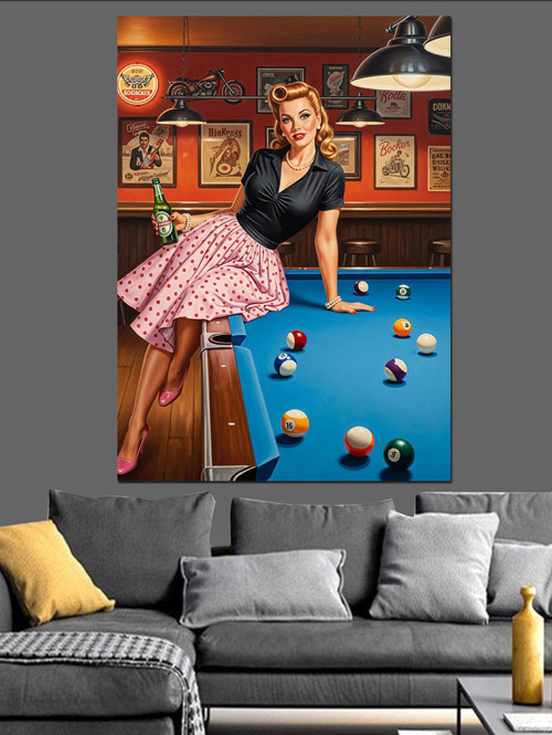 Bilardo Masasında Pinup Kadın Dekoratif Kanvas - Mdf Ahşap Tablo