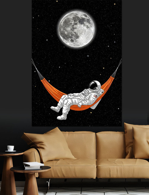 Uzayda Uyuyan Astronot Hamak Dekoratif Kanvas - Mdf Ahşap Tablo