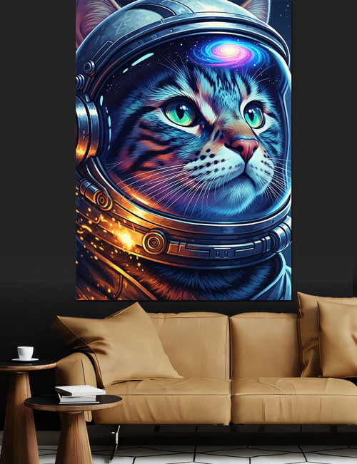 Astronot Kıyafetli Kedi Portresi Dekoratif Kanvas - Mdf Ahşap Tablo