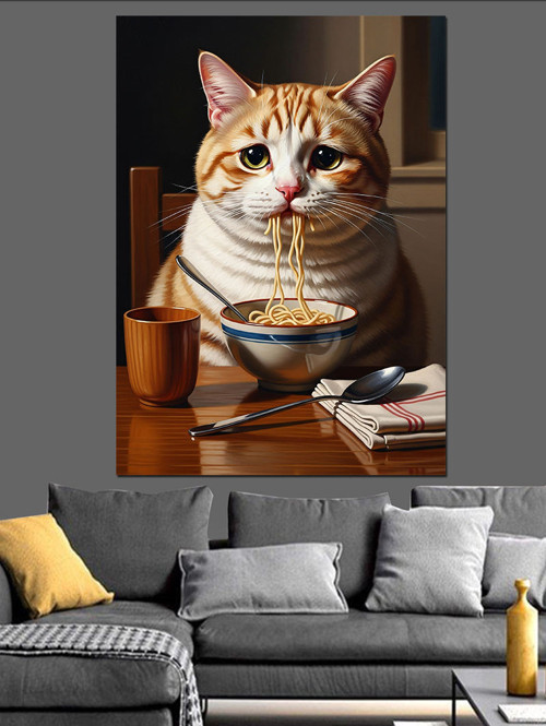 Noodle Yiyen Obur Kedi Dekoratif Kanvas - Mdf Ahşap Tablo
